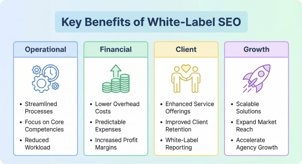 Infographic showing four categories of white-label SEO benefits: operational, financial, client, and growth